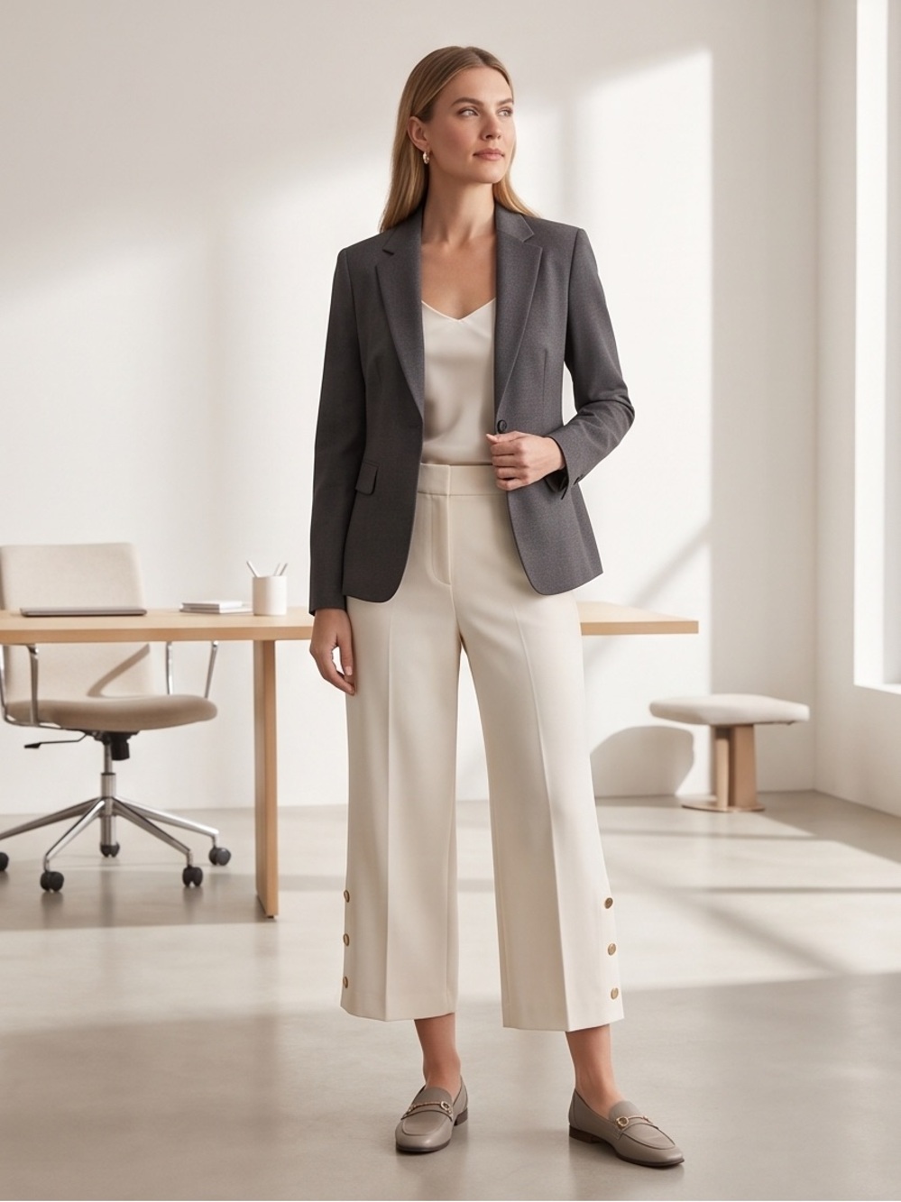 LOFT Cream Wide-Leg Cropped Pants with Side Button Accents